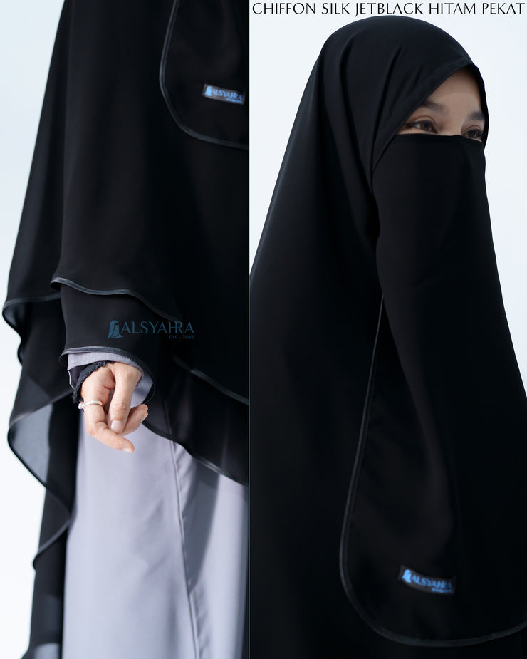 Alsyahra Exclusive Set Khimar Cadar Tali Shofa Bisban Sifon Jetblack 2 Layer XXL