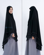 Alsyahra Exclusive Set Khimar Cadar Tali Shofa Bisban Sifon Jetblack 2 Layer XXL
