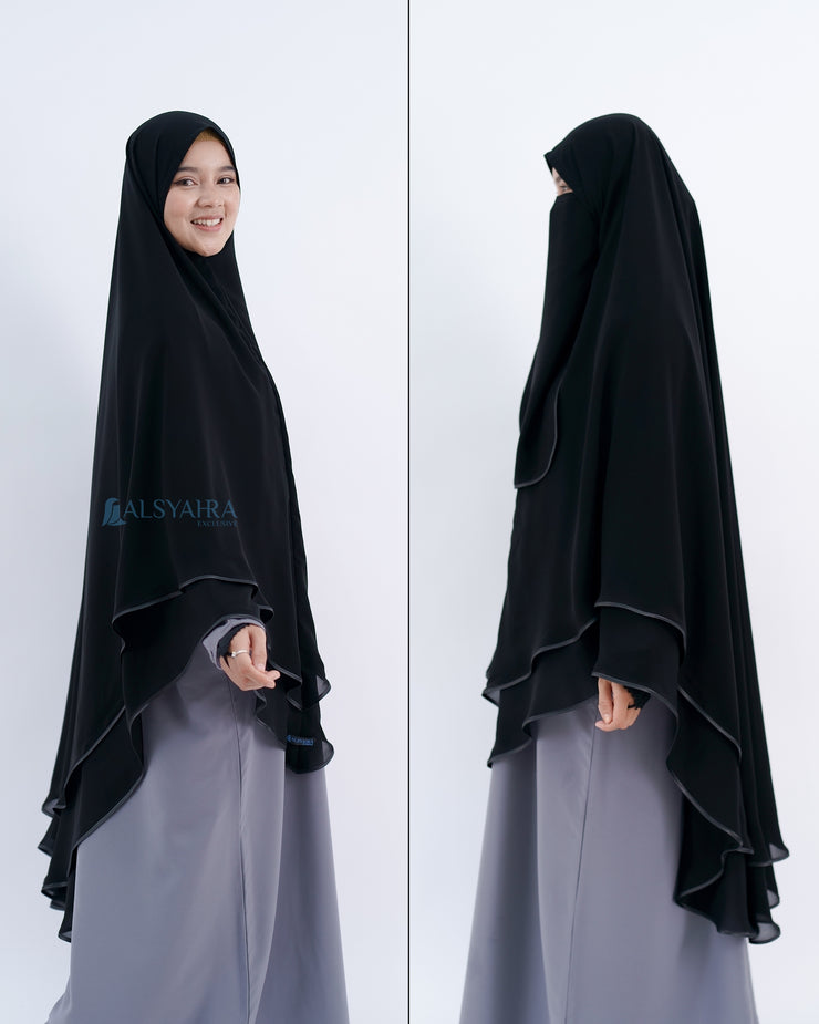 Alsyahra Exclusive Set Khimar Cadar Tali Shofa Bisban Sifon Jetblack 2 Layer XXL