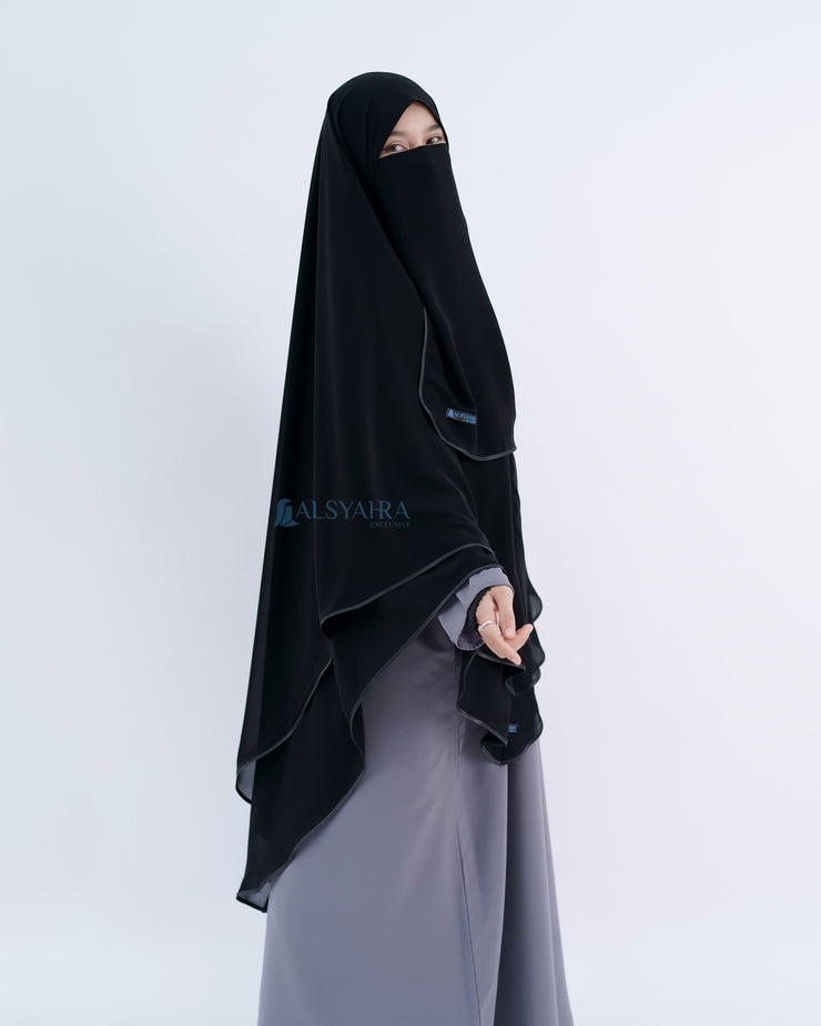 Alsyahra Exclusive Set Khimar Cadar Tali Shofa Bisban Sifon Jetblack 2 Layer XXL