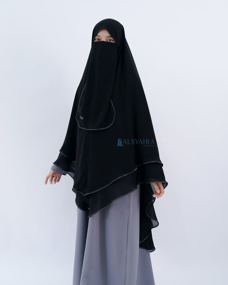 Alsyahra Exclusive Set Khimar Cadar Tali Shofa Bisban Sifon Jetblack 2 Layer XXL