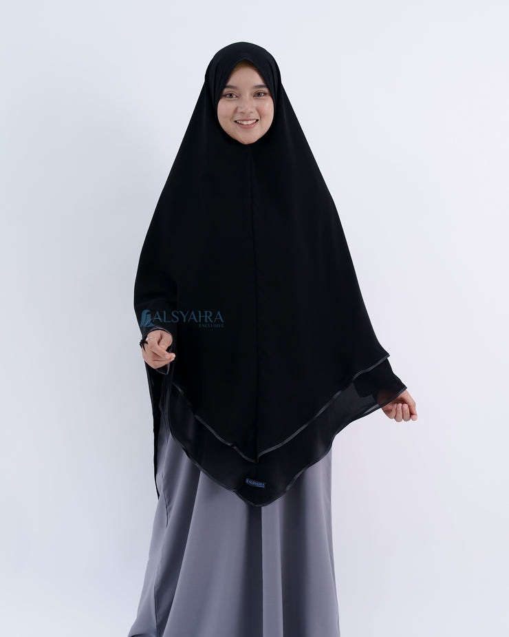 Alsyahra Exclusive Set Khimar Cadar Tali Shofa Bisban Sifon Jetblack 2 Layer XXL