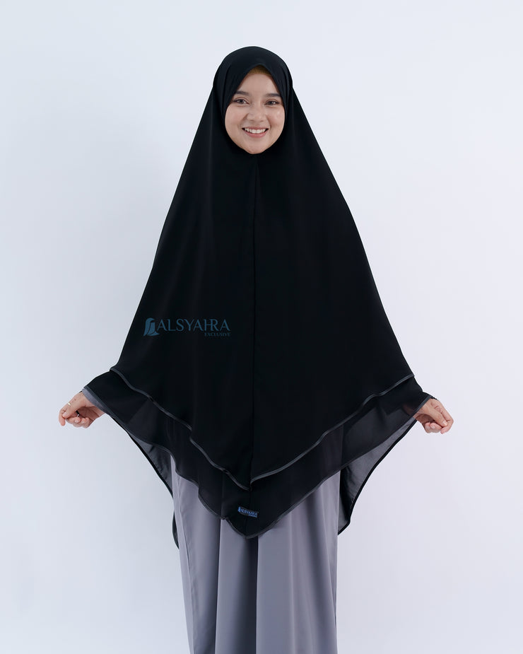 Alsyahra Exclusive Set Khimar Cadar Tali Shofa Bisban Sifon Jetblack 2 Layer XXL