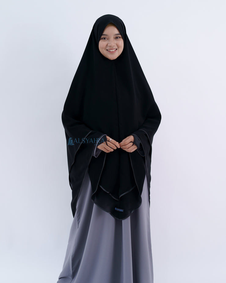 Alsyahra Exclusive Set Khimar Cadar Tali Shofa Bisban Sifon Jetblack 2 Layer XXL