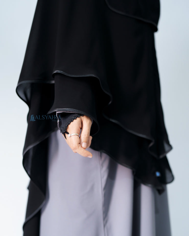 Alsyahra Exclusive Set Khimar Cadar Tali Shofa Bisban Sifon Jetblack 2 Layer XXL