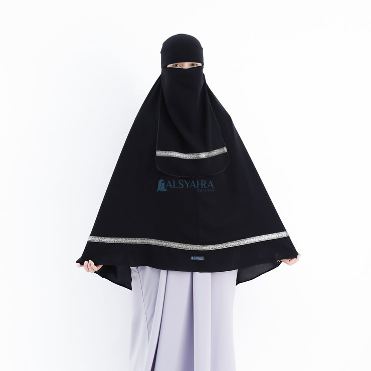 Alsyahra Exclusive Set Khimar Pita India Non Pet Niqab Bandana Jetblack XL