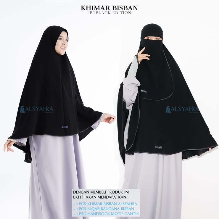 Set Khimar Bisban Niqab Bandana Jetblack Free Handsock Alsyahra Exclusive