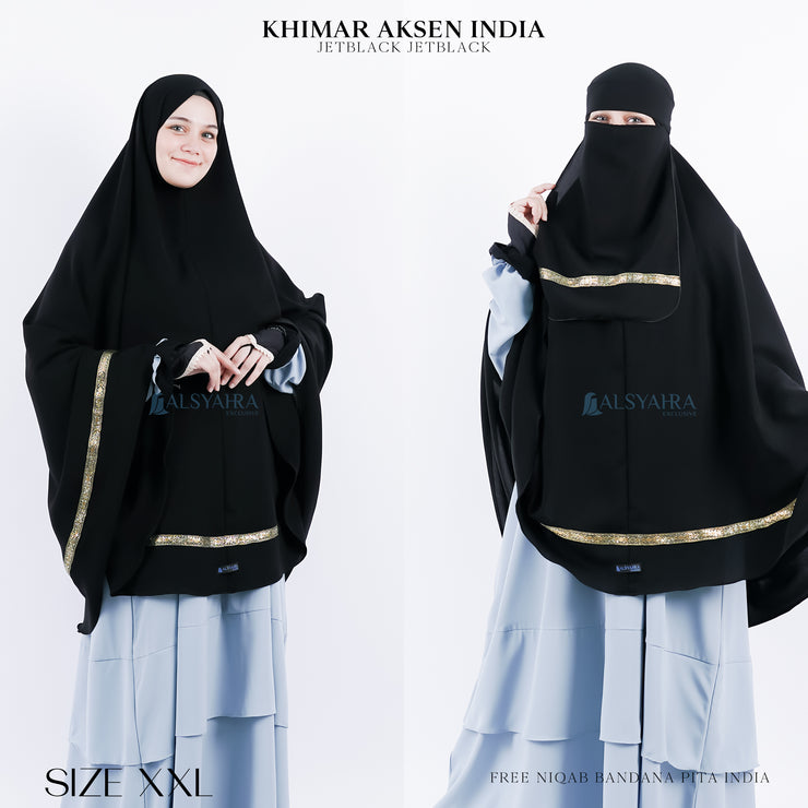 Set Khimar Syari Pita India Non Pet Niqab Bandana Jetblack XXL Alsyahra Exclusive